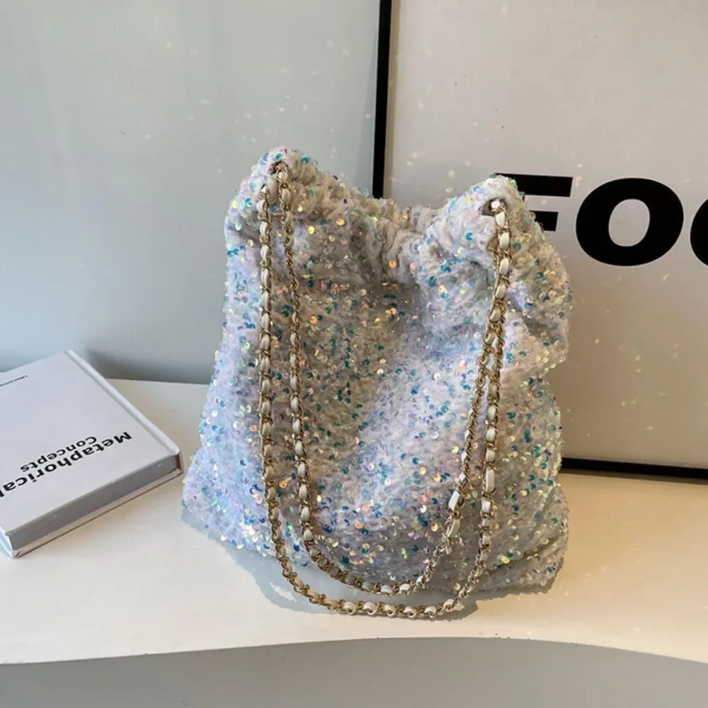 Women's Glitter Sequin Shoulder Tote Large Capacity Sparkling Handbag